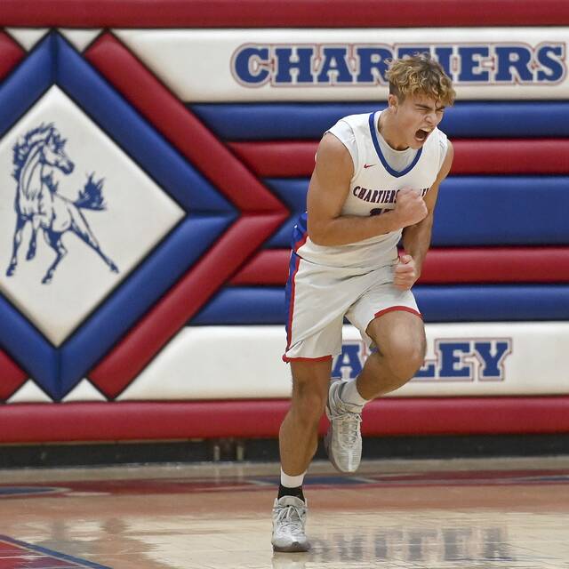 Chartiers Valley’s Julian Semplice celebrates after scoring against Moon on Friday, Dec. 19, 2025, at CV. (Christopher Horner | TribLive)