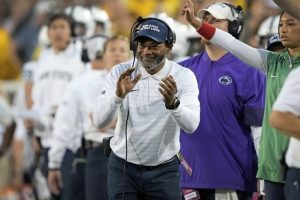 Penn State interim head coach Terry Smith reacts during the first half of an NCAA college football game against Iowa on Oct. 18, 2025, in Iowa City, Iowa. (AP)