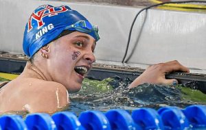 Mt. Pleasants Lily King reacts after setting a new WPIAL and Trees Pool record in the girls 100 freestyle during the 2025 WPIAL Class 2A swimming championships Friday, Feb. 28, 2025, at Pitts Trees Pool. (Andrew Palla | For TribLive)