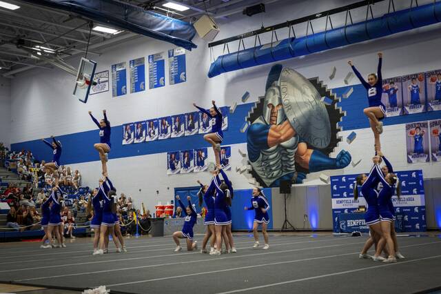 Participants from Baldwin perform during the WPIAL competitive spirit championships Saturday at Hempfield. (Massoud Hossaini | TribLive)