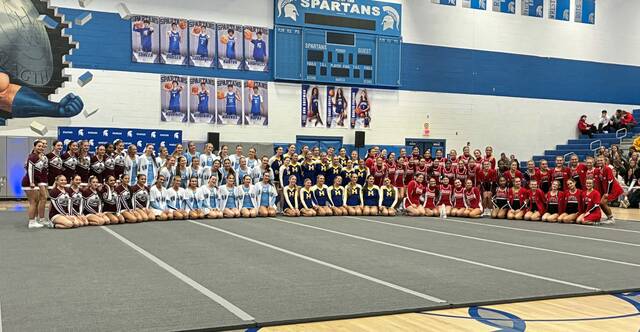 Teams from Ambridge, Neshannock, Central Valley, Elizabeth Forward and Hampton qualified for the PIAA championships during the WPIAL competitive spirit championships Dec. 20, 2025, at Hempfield. (James Dotson | For TribLive)