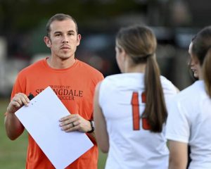 Springdale girls soccer coach Marc Bentley talks with his team during halftime of their game against Riverview on Thursday, Sept. 11, 2025, in Oakmont. (Christopher Horner | TribLive)