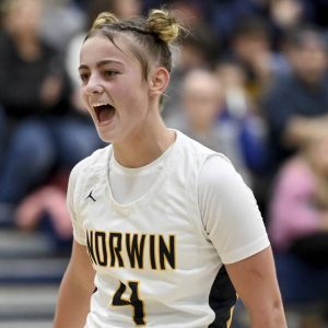 Norwin’s Nia O’Barto celebrates after scoring against Penn-Trafford on Dec. 2, 2025, at Norwin. (Christopher Horner | TribLive)