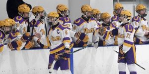 Plums Max Keller (left) and William Amen celebrate with the bench after setting up Tyler Bartos goal against Greensburg Salem on Monday, Nov. 24, 2025, at Pittsburgh Ice Arena. (Christopher Horner | TribLive)