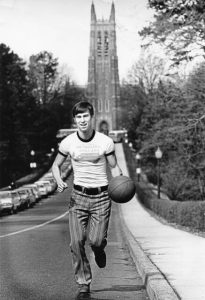 Springdale native Dick DeVenzio participates in a dribble-thon fundraiser on the Duke campus when he a student-athlete at the university in 1969. In the background is the iconic Duke chapel. (Submitted)