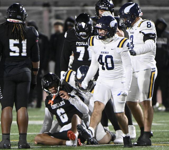 Central Catholics Colsen Gatten celebrates a Vikings sack against Harrisburg during their PIAA Class 6A state semifinal on Saturday, Nov. 29, 2025, at Mansion Park in Altoona. (Christopher Horner | TribLive)
                                Central Catholics Colsen Gatten celebrates a Vikings sack against Harrisburg during their PIAA Class 6A state semifinal on Saturday, Nov. 29, 2025, at Mansion Park in Altoona. (Christopher Horner | TribLive)