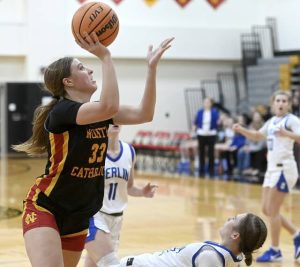 North Catholics Lauren Reitz scores after being fouled in the final seconds against Berlin Brothersvalley on Tuesday, Dec. 30, 2025, at the Trojanettes holiday tournament in Cranberry. North won, 52-49. (Christopher Horner | TribLive)