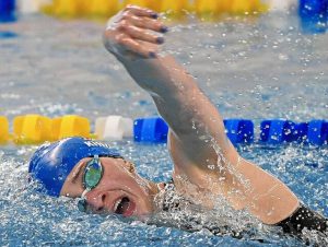 Mt. Pleasants Lily King competes in the 200 freestyle during the 2025 WPIAL Class 2A swimming championships Feb. 27 at Pitts Trees Pool. (Andrew Palla | For TribLive)