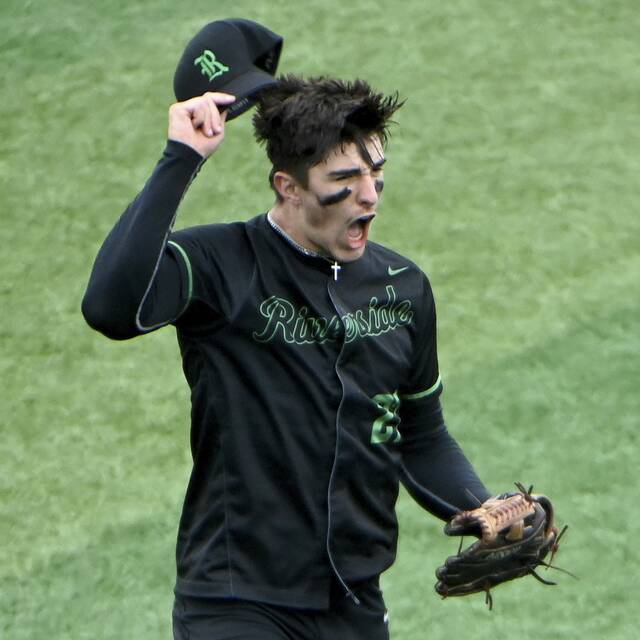 Riverside pitcher Zach Hare celebrates after pitching a perfect game against Quaker Valley in the WPIAL Class 3A championship game May 28 at EQT Park. (Christopher Horner | TribLive)