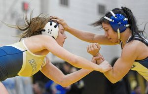 Kiski Areas Ava Golding (left), shown during last seasons WPIAL championships, placed second in her weight class at the Powerade Tournament. (Andrew Palla | For TribLive)