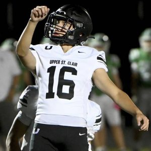 Upper St. Clair kicker Jacobo Echeverria Lozano watches his field goal late in the fourth quarter Oct. 4, 2024, at South Fayette. (Christopher Horner | TribLive)