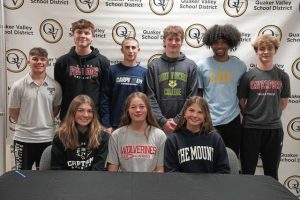 Seniors at Quaker Valley who will continue their careers at the next level include, in front, from left, Meredith Fallgren, Alexa Westwood, Makenna Kamnikar; in back, from left, Eoin Parnell, Todd Kagle, Bruce Anderchak, Henry Zupanc, Jayden Juliano and River Capek.