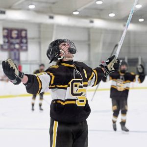 Greensburg Salems Jake Fink celebrates after scoring against Plum on Nov. 24. (Christopher Horner | TribLive)