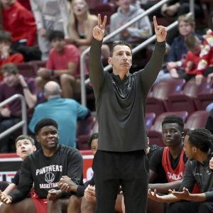 Sewickley Academy head coach Mike Iuzzolino watches from the bench during the PIAA Class 2A championship game against Linville Hill on Friday, March 28, 2025, at Giant Center in Hershey. (Christopher Horner | TribLive)