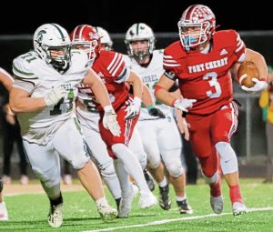 Fort Cherrys Matt Sieg scores on a 1-yard run before halftime in a WPIAL Class A semifinal against Laurel on Friday, Nov. 14, 2025 at Tony Dorsett Stadium at Hopewell. (Josh Rizzo | For TribLive)