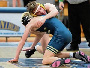 Penn-Traffords Luke DeSantis earns a technical fall over Franklin Regionals Keller Maryott last season. (Chaz Palla | TribLive)