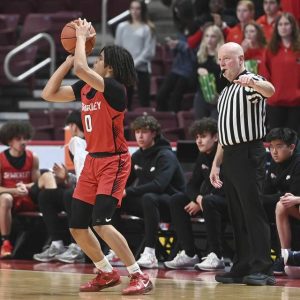 Sewickley Academys Drew Steals shoots a 3-pointer against Linville Hill during the PIAA Class 2A championship game on March 28, 2025, at Giant Center in Hershey. (Christopher Horner | TribLive)