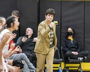 Neshannock coach Luann Grybowski celebrates during a win over Serra Catholic in the 2022 WPIAL Class 2A semifinals. (Jenn Codeluppi | Mon Valley Independent)