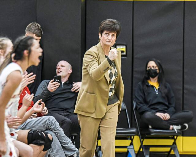 Neshannock coach Luann Grybowski celebrates during a win over Serra Catholic in the 2022 WPIAL Class 2A semifinals. (Jenn Codeluppi | Mon Valley Independent)