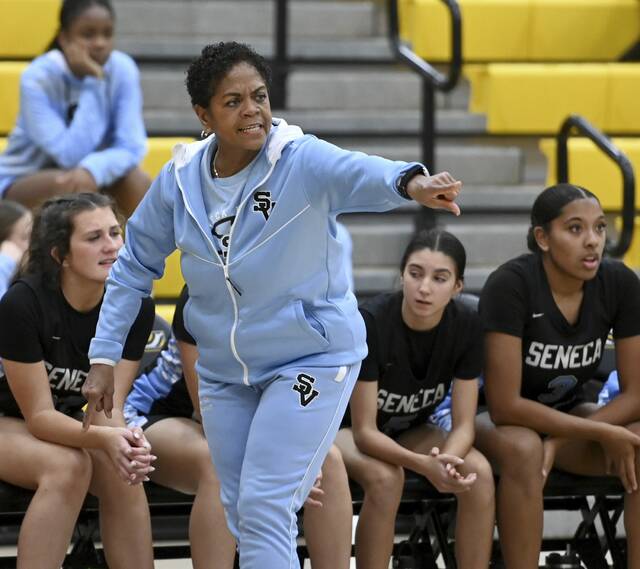 Seneca Valley head coach Dorthea Epps watches from the bench on Wednesday, Dec. 17, 2025, at North Allegheny. (Christopher Horner | TribLive)