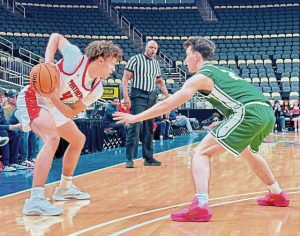 Sewickley Academys Lucas Grimsley is guarded by Pine-Richlands Alex Kastner at the Pittsburgh Holiday Classic on Dec. 22, 2025 at PPG Paints Arena. (Antonio Rossetti | For TribLive)