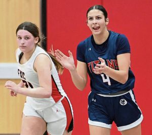 Shalers Olivia Gieraltowski celebrates after hitting a 3-pointer against Fox Chapel on Jan. 9. (Christopher Horner | TribLive)