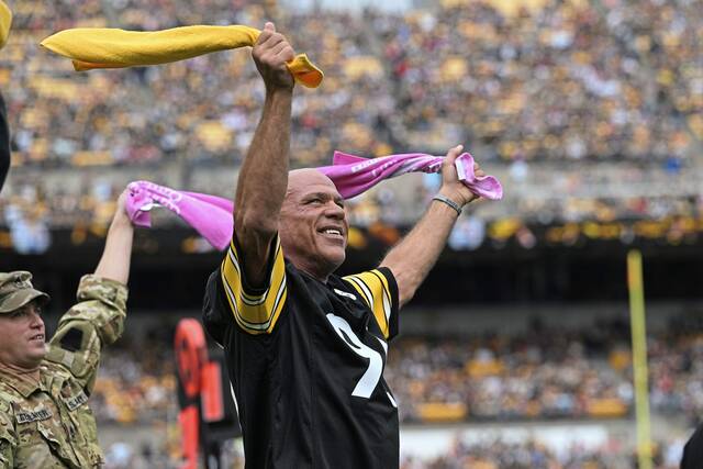 Pittsburgh native Olympic Gold Medal wrestler Kurt Angle attends the pre-game festivities before an NFL football game between the Pittsburgh Steelers and the Tampa Bay Buccaneers in Pittsburgh, Sunday, Oct. 16, 2022. (AP)
