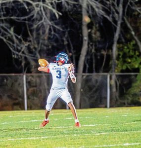 Jeannette quarterback Kymone Brown heaves a pass downfield against Bentworth during a WPIAL Class A first-round playoff game. (Floyd Kish | Mon Valley Independent)