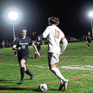 Springdales Alex Wylly works against Riverviews Carter Baldwin during their game on Thursday, Sept. 11, 2025, in Oakmont. (Christopher Horner | TribLive)