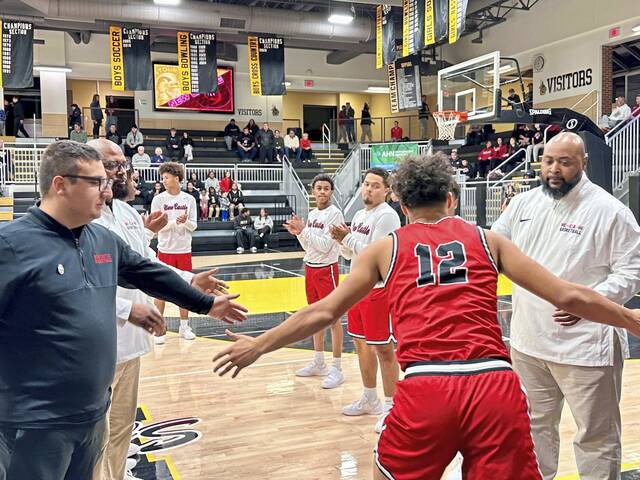 New Castles Kai Cox is introduced before a game against Montour on Dec. 9, 2025. (Antonio Rossetti | For TribLive)
