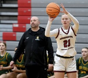Greensburg Centrals Erica Gribble shoots a 3-pointer against Seton LaSalle on Tuesday, Dec. 30, 2025, at the North Catholic holiday tournament in Cranberry. (Christopher Horner | TribLive)