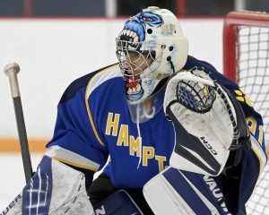 Hampton goalie Konstantone Sarris plays against Blackhawk on Thursday, Nov. 20, 2025, at the Bradys Run Park ice arena. (Christopher Horner | TribLive)