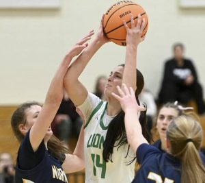 South Fayette’s Juliette Leroux scores against Norwin on Saturday, Jan. 10, 2026, at South Fayette. (Christopher Horner | TribLive)