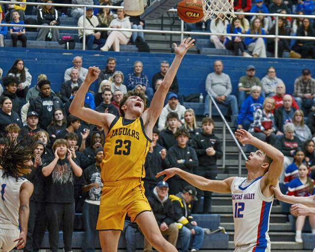 Thomas Jeffersons Nick Trklja takes a shot in front of Chartiers Valleys Julian Semplice during a WPIAL Class 5A first-round playoff game last season. (Jenn Codeluppi | Mon Valley Independent)