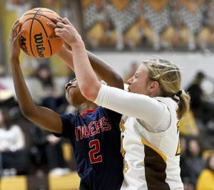 McKeesport’s Winter Germany battles Greensburg Salem’s Sophie Beckerleg for a rebound during their game on Tuesday, Jan. 20, 2026, at Greensburg Salem. (Christopher Horner | TribLive)