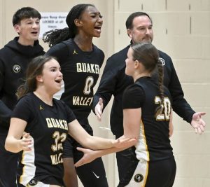 Quaker Valley’s Mimi Thiero celebrates with her team after defeating OLSH, 37-36, on Thursday, Jan. 22, 2026, in Coraopolis. (Christopher Horner | TribLive)