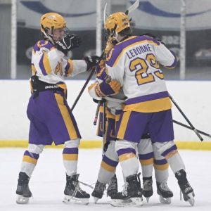 Plums A.J. Leah celebrates his hat-trick goal with teammates during their game against Greensburg Salem in November. (Christopher Horner | TribLive)