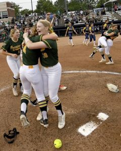 Penn-Trafford pitcher Allyson Paulone celebrates with teammates after defeating Greencastle-Atrim, 2-0, in the PIAA Class 5A state championship game on Friday, June 13, 2025, at Penn State. (Christopher Horner | TribLive)