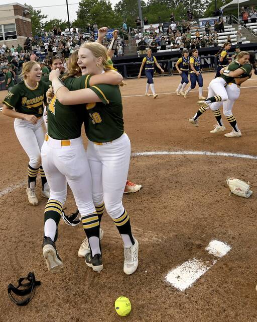 Penn-Trafford pitcher Allyson Paulone celebrates with teammates after defeating Greencastle-Atrim, 2-0, in the PIAA Class 5A state championship game on Friday, June 13, 2025, at Penn State. (Christopher Horner | TribLive)