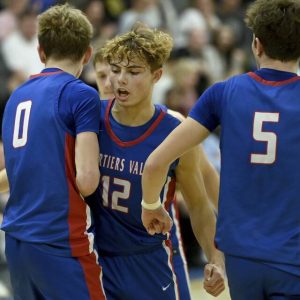 Chartiers Valley’s Julian Semplice celebrates with Luca Federico after he scored against Lincoln Park on Wednesday, Jan. 7, 2026 in Midland. (Christopher Horner | TribLive)