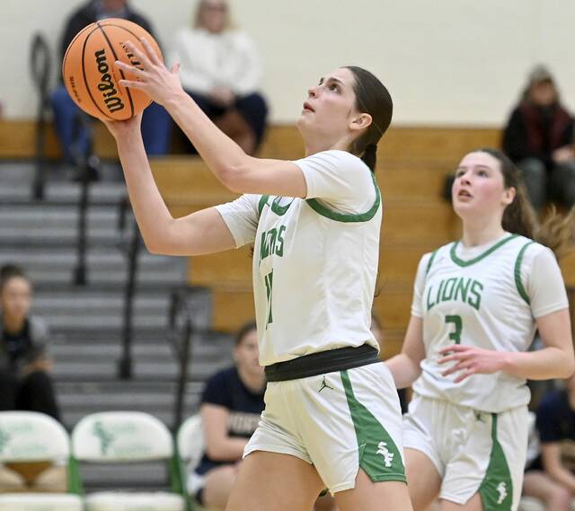 South Fayette’s Juliette Leroux scores against Norwin on Saturday, Jan. 10, 2026, at South Fayette. (Christopher Horner | TribLive)