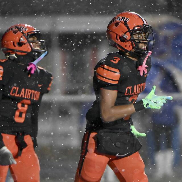 Clairton quarterback Jeff Thompson celebrates after the Bears scored against Greenville during their PIAA Class A semifinal on Friday, Nov. 28, 2025, at Helling Stadium in Ellwood City. (Christopher Horner | TribLivE)