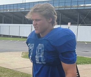 Derry two-way lineman Dylan Pitzer exits the practice field Friday, Aug. 8, 2025, at Derry High School. (Dave Mackall | For TribLive)