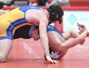 Derrys Ewan Olson beats Burrells Antonio Perkins in the 160-pound bout during the WPIAL Class 2A team wrestling championship Saturday at Peters Township. (Chaz Palla | TribLive)