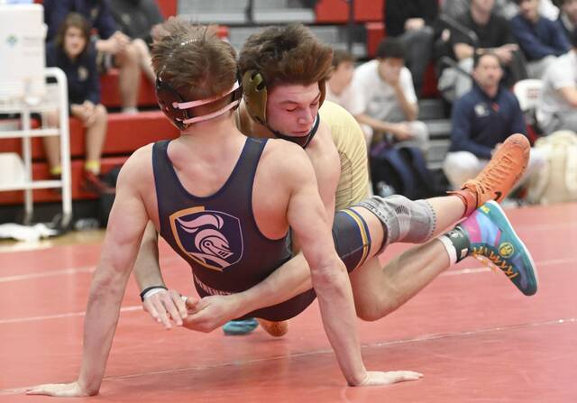 Franklin Regionals Michael Ruane beats Norwins Evan Suedhoff in the 160-pound bout during the WPIAL Class 3A team wrestling championships Jan. 31 at Peters Township High School. (Chaz Palla | TribLive)