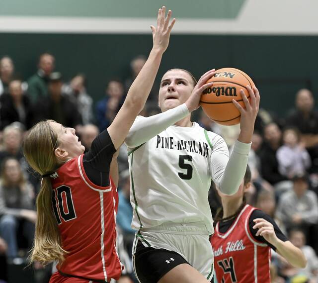 Pine-Richland’s Mia LeDonne drives against North Hills’ Zoe Devlin during their game on Thursday, Jan. 29, 2026, in Pine. (Christopher Horner | TribLive)