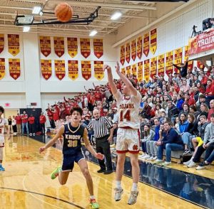 North Catholics Jake Olkowski shoots a 3-pointer against Knoch on Jan. 9 at North Catholic. (Antonio Rossetti | For TribLive)