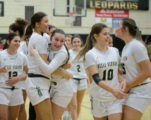 Belle Vernon players celebrate after clinching the section title with a win over Mt. Pleasant on Monday. (Jenn Codeluppi | Mon Valley Independent)