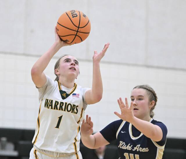 Penn-Traffords Izzie Fontana scores past Kiski Areas Allison Pencak on Tuesday. (Chaz Palla | TribLive)