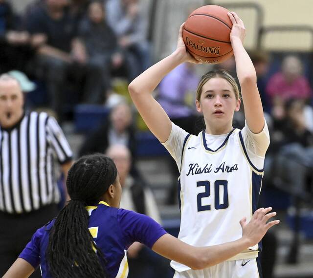 Kiski Area’s Jada Blanciak looks to pass against Plum on Monday, Dec. 8, 2025, at Kiski Area. (Christopher Horner | TribLive)